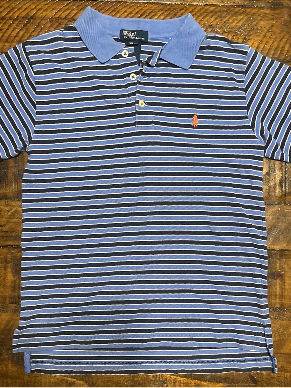 Ralph Lauren Boys Light Blue & Navy Striped Polo with Orange Pony